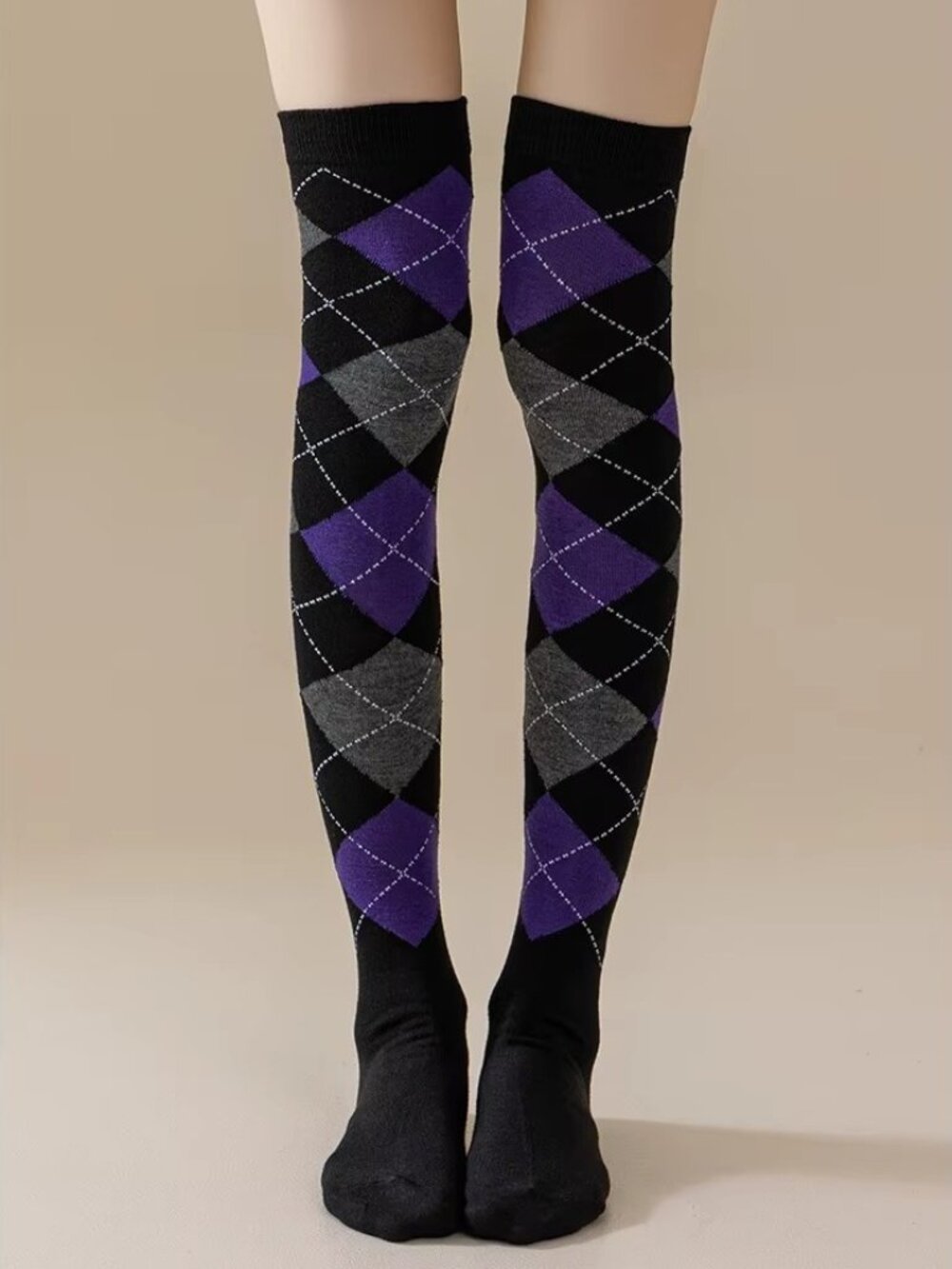 Women's Argyle Diamond Plaid Black Purple Grey Over The Knee Thigh High Socks